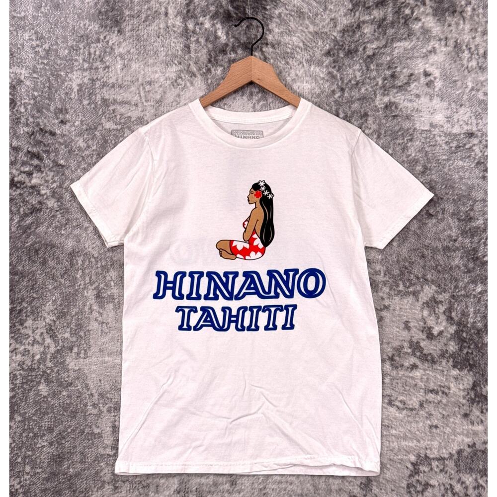 Authentic Hinano Tahiti T Shirt Small Mens White Hawaiian Double Sided Graphic